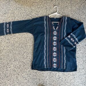 Navy Blue Embroidered Long Sleeve Top
